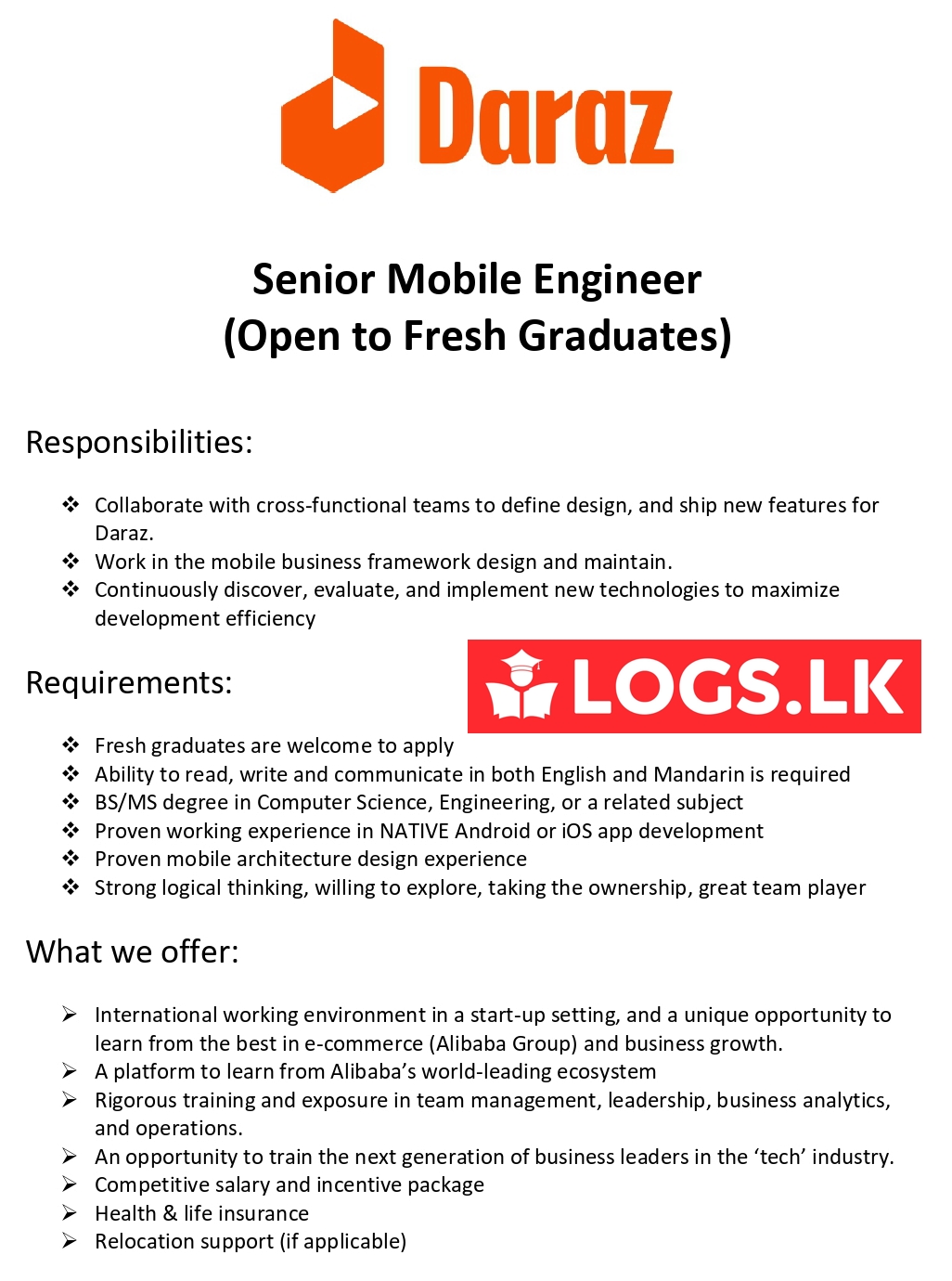 Senior Mobile Engineer Job Vacancy - Daraz Sri Lanka Jobs Vacancies
