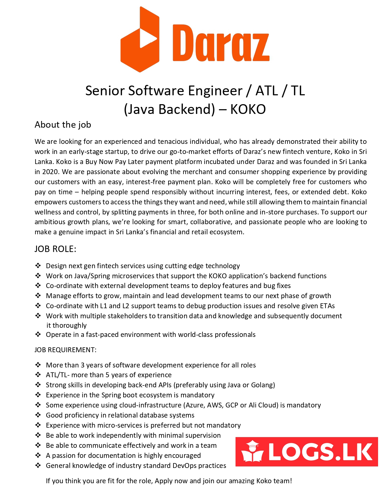 Senior Software Engineer / ATL / TL (Java Backend) KOKO - Daraz Jobs Vacancies