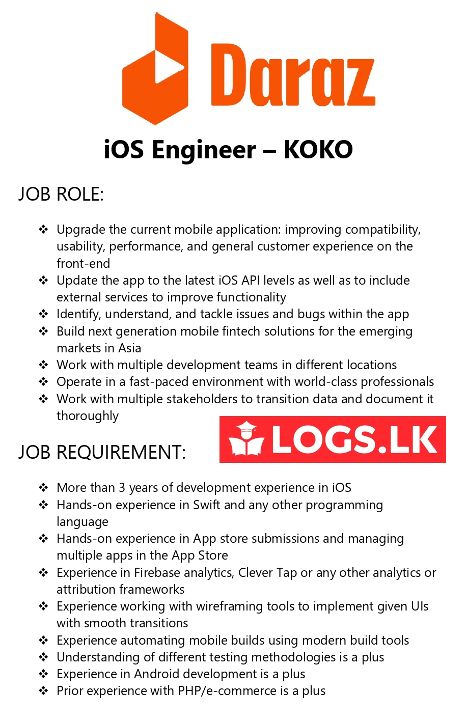 iOS Engineer - KOKO Job Vacancy - Daraz Sri Lanka Jobs Vacancies Details