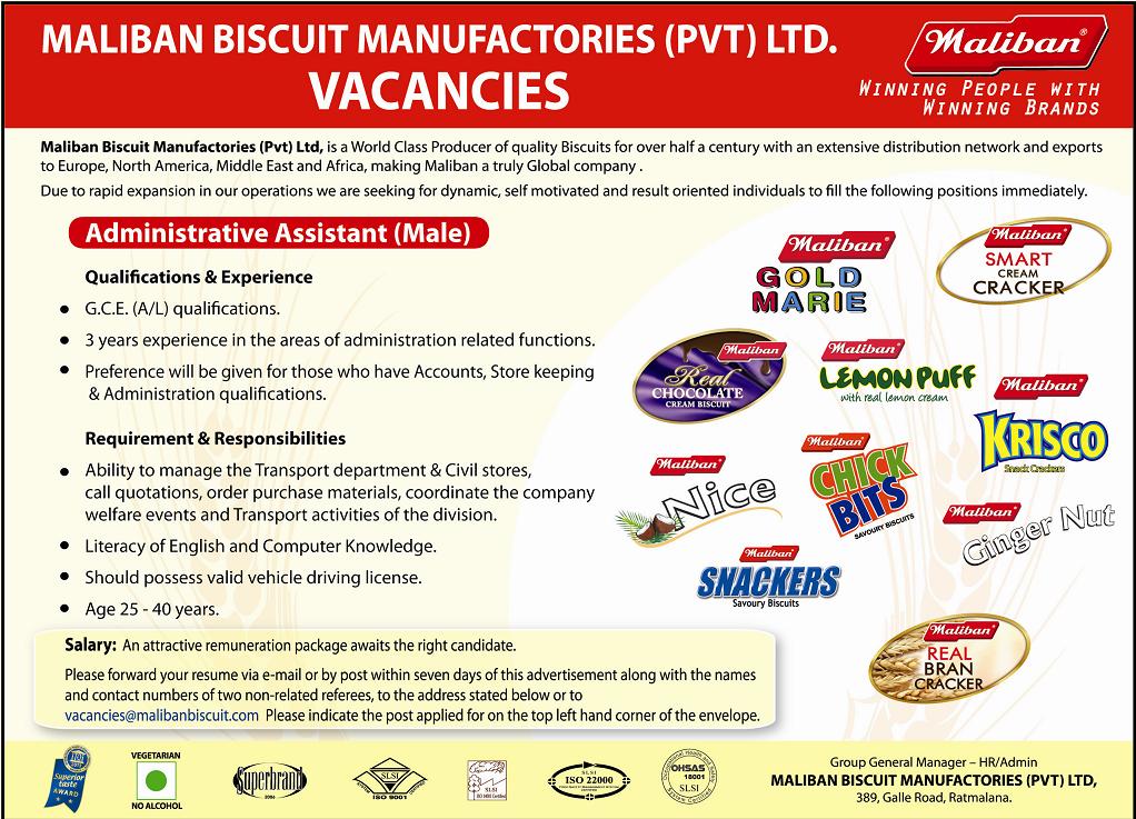 Administrative Assistant (Male) Job Vacancy - Maliban Biscuit Company Jobs Vacancies