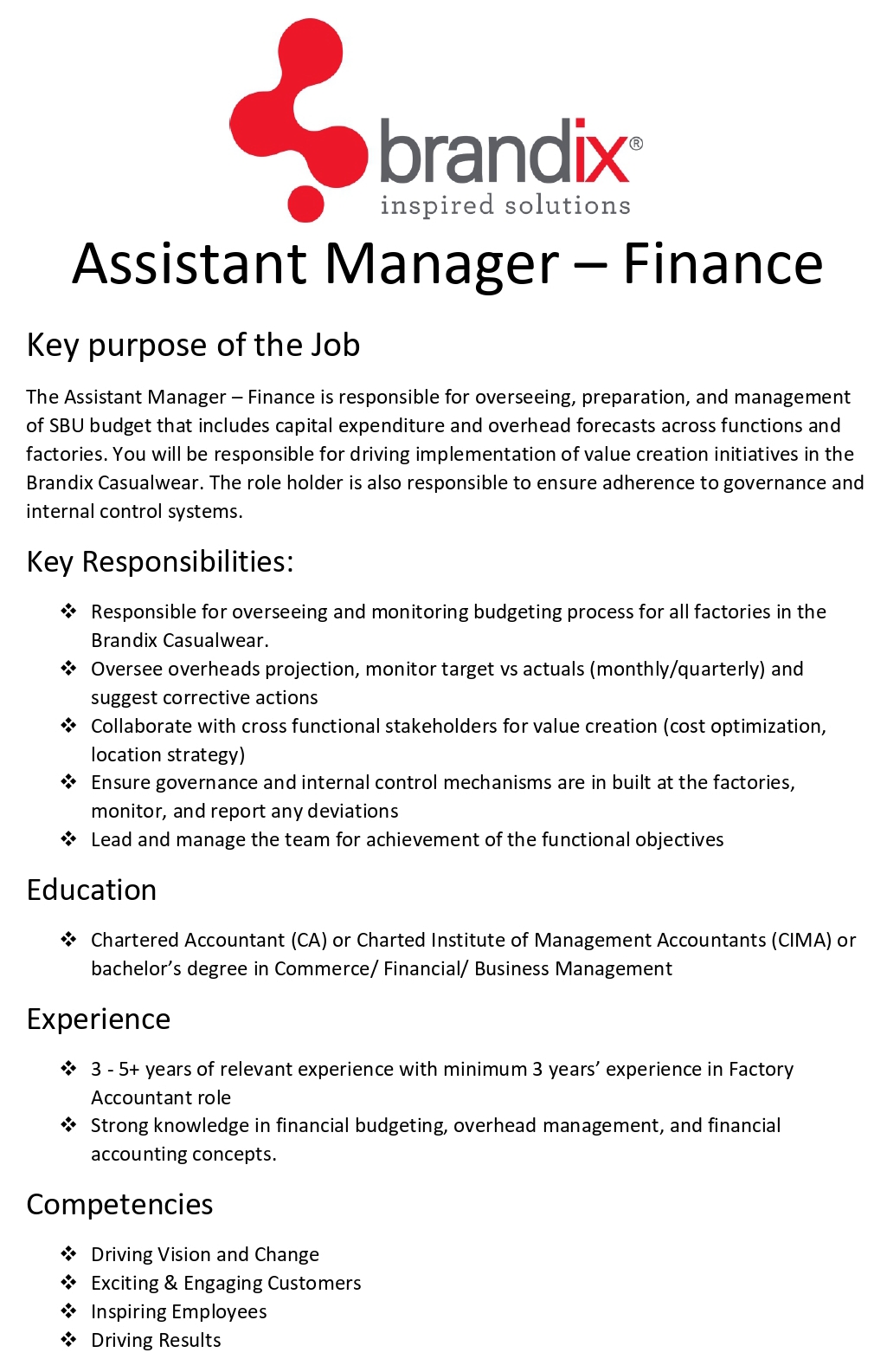 Assistant Manager (Finance) Job Vacancies - Brandix Sri Lanka Jobs Vacancies