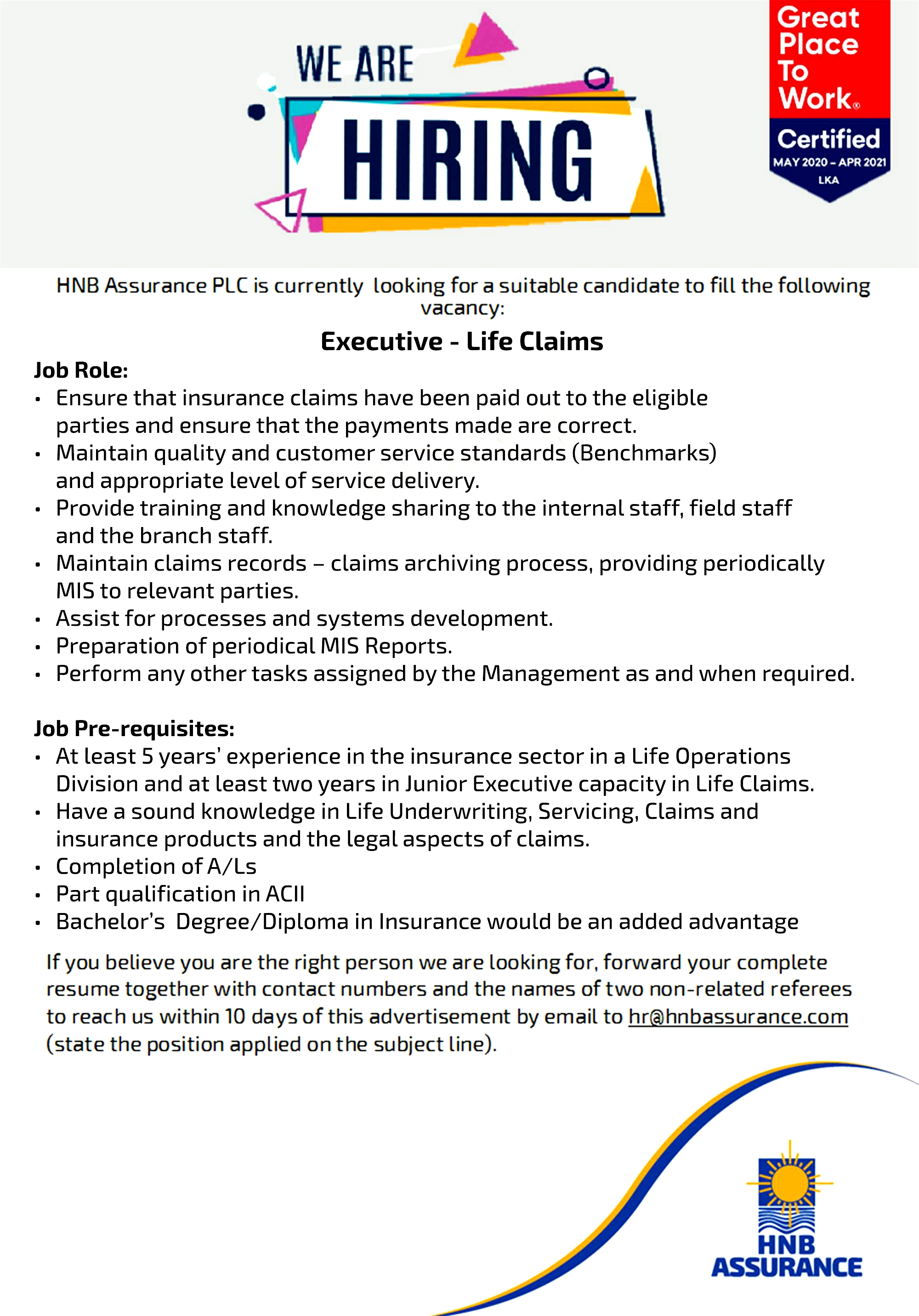 Executive (Life Claims) Jobs Vacancies - HNB Assurance PLC Jobs Vacancies Details