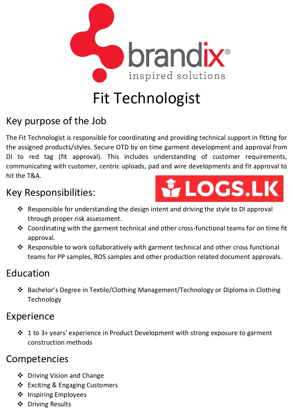 Fit Technologist Job Vacancies - Brandix Sri Lanka Jobs Vacancy Details