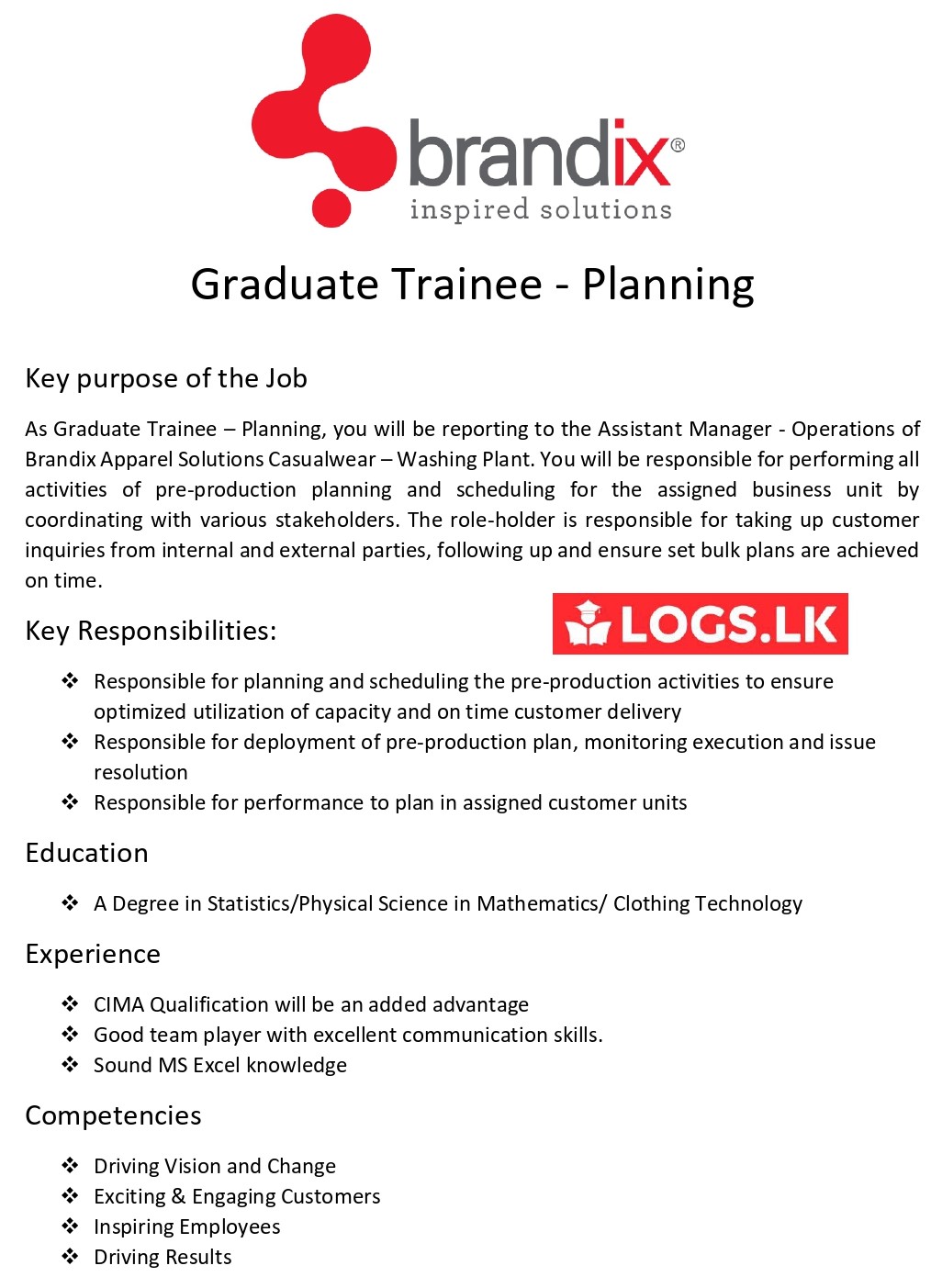 Graduate Trainee (Planning) Jobs Vacancies - Brandix Sri Lanka Jobs Vacancies Details
