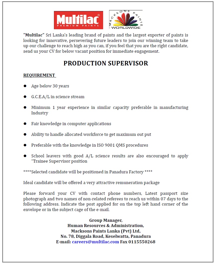Production Supervisor Jobs Vacancies - Multilac Sri Lanka Jobs Vacancy Details