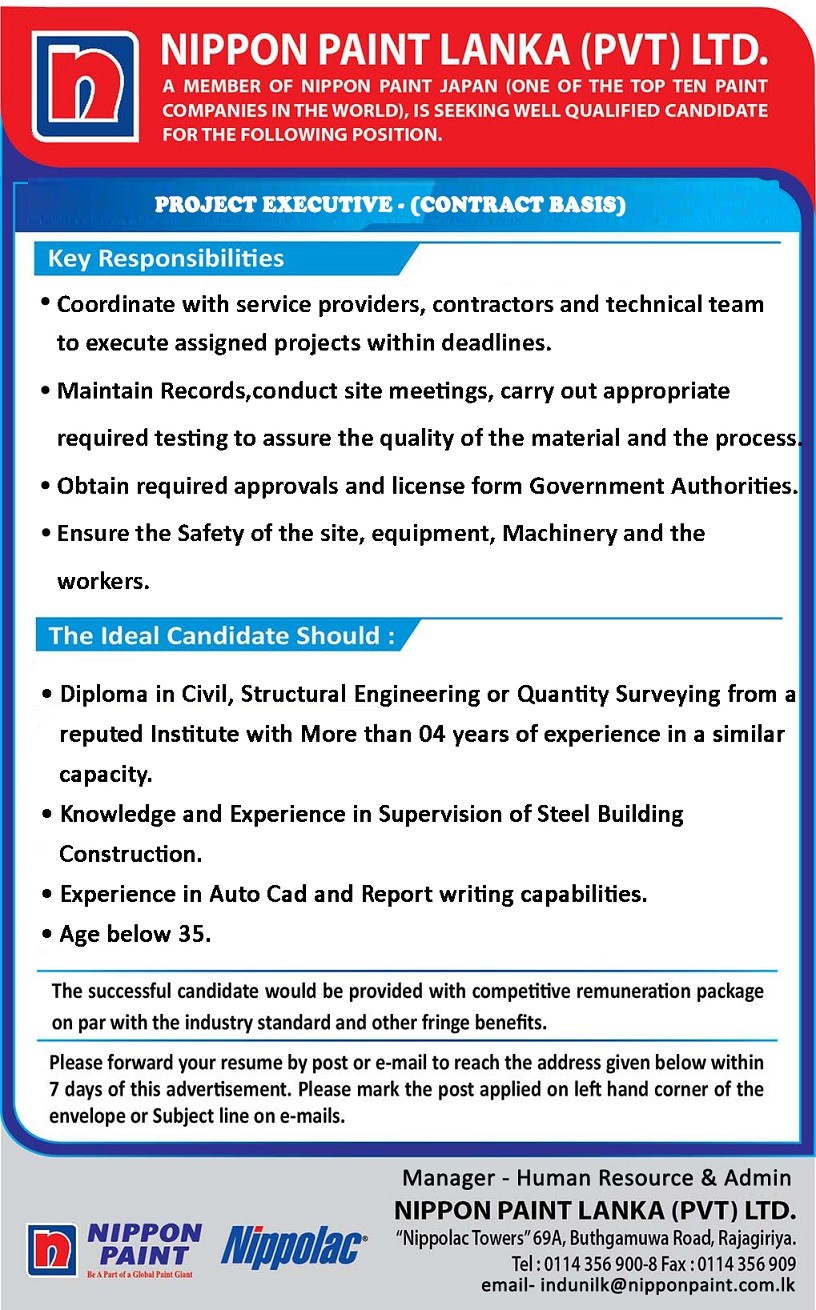 Project Executive (Contract Basis) Jobs Vacancies - Nippon Paint Sri Lanka Jobs Vacancies