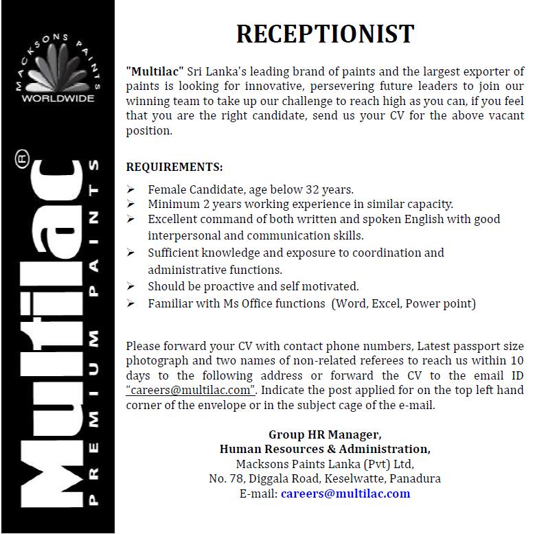 Receptionist Jobs Vacancies - Multilac Sri Lanka Jobs Vacancies Details