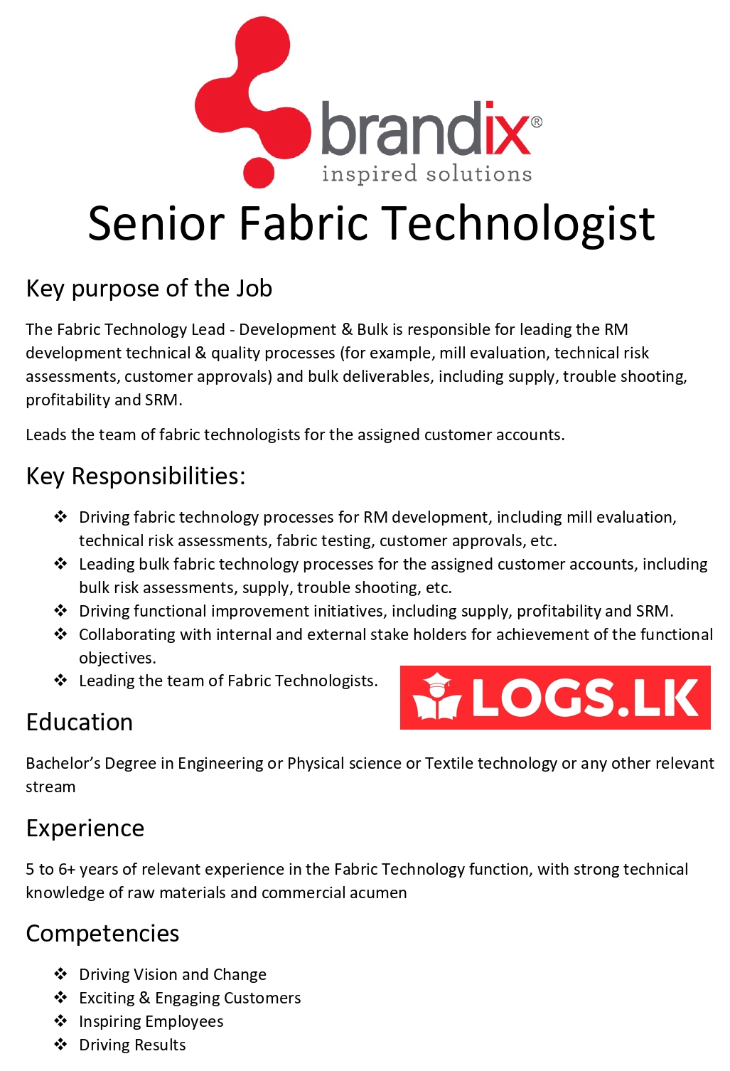 Senior Fabric Technologist Jobs Vacancies - Brandix Sri Lanka Jobs Vacancies Details