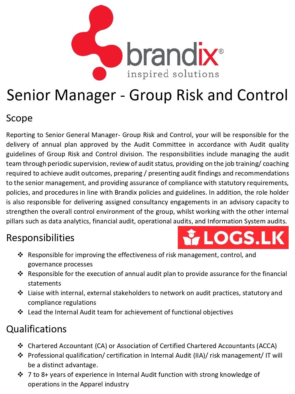 Senior Manager (Group Risk & Control) Job Vacancies - Brandix Sri Lanka Jobs Vacancies