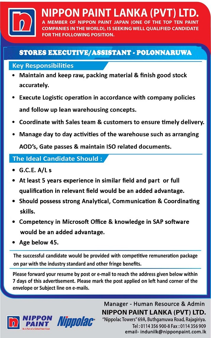 Stores Executive / Assistant Jobs Vacancies - Nippon Paint Sri Lanka Jobs Vacancy Details