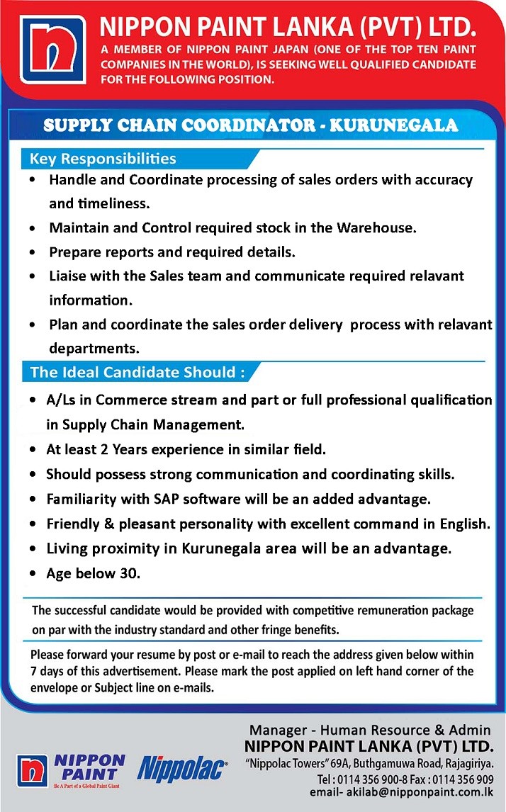 Supply Chain Coordinator Jobs Vacancies - Nippon Paint Sri Lanka Jobs Vacancies