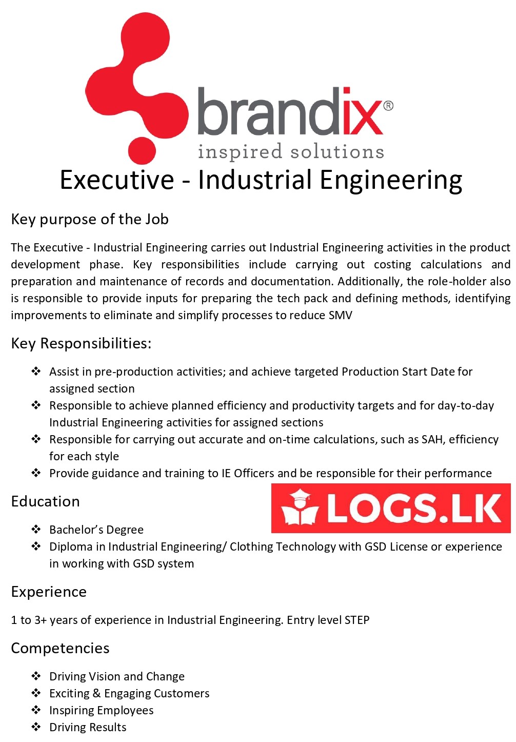 Executive (Industrial Engineering) Vacancy - Brandix Sri Lanka Jobs Vacancies Details