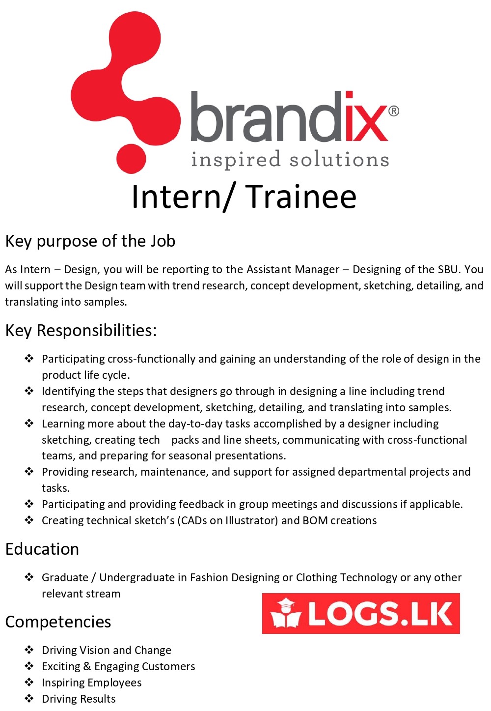 Intern / Trainee Jobs Vacancies - Brandix Sri Lanka Jobs Vacancies Details