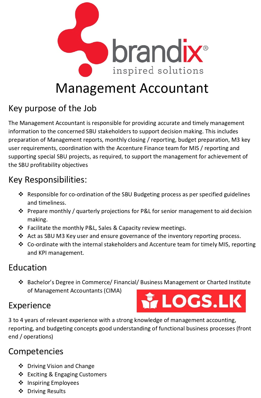 Management Accountant Jobs Vacancies - Brandix Sri Lanka Jobs Vacancies
