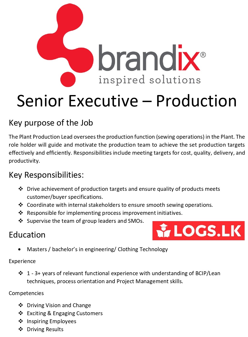 Senior Executive (Production) Job Vacancy - Brandix Sri Lanka Jobs Vacancies Details