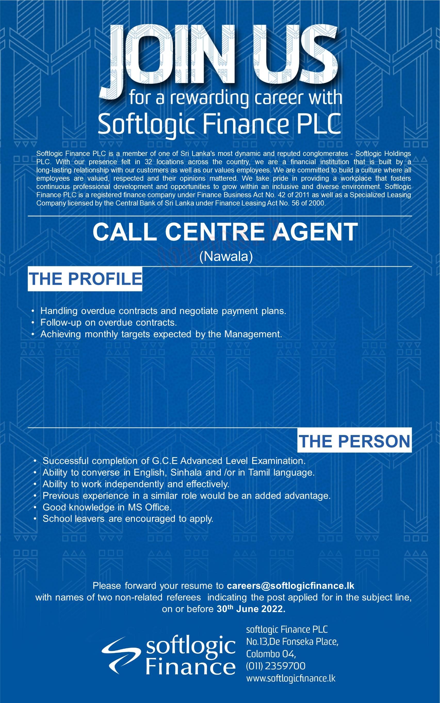 Call Centre Agents Jobs Vacancy - Nawala Softlogic Finance Jobs Vacancies
