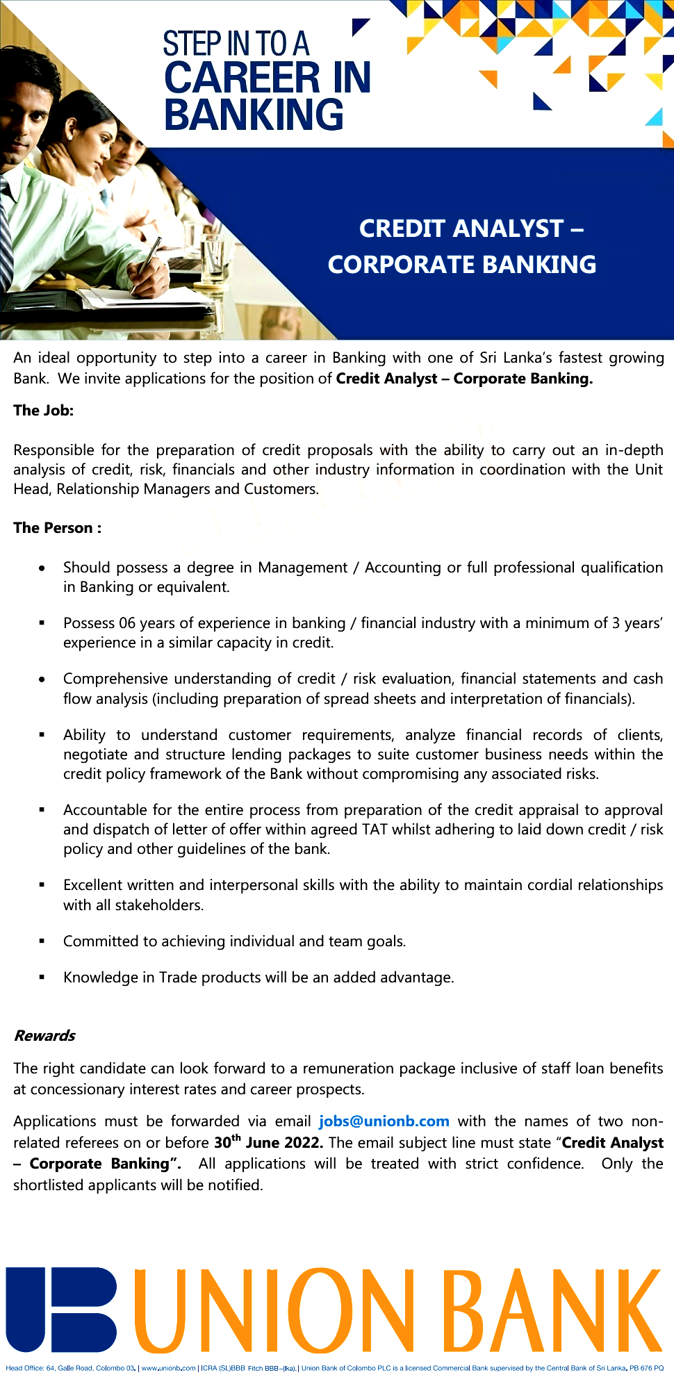 Credit Analyst (Corporate Banking) Vacancy - Union Bank Jobs Vacancies