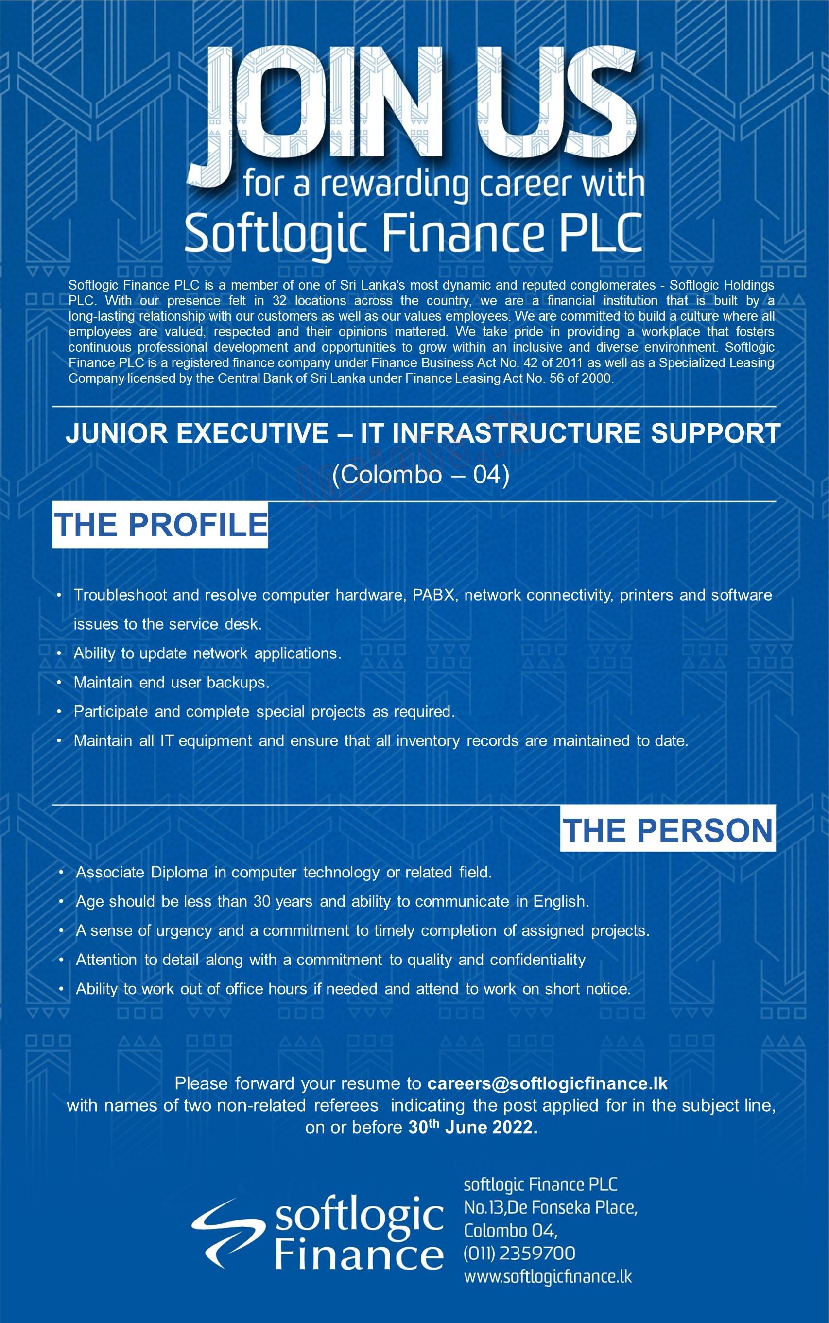 Junior Executive (IT Infrastructure Support) Vacancy - Softlogic Holdings Jobs Vacancies Details