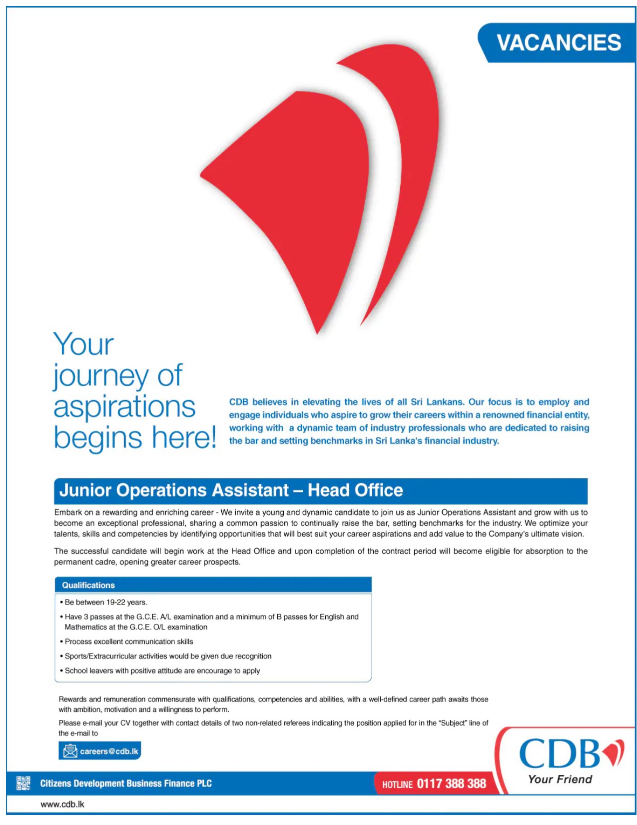 Junior Operations Assistant (Head Office) Vacancies - CDB Finance Jobs Vacancies Details