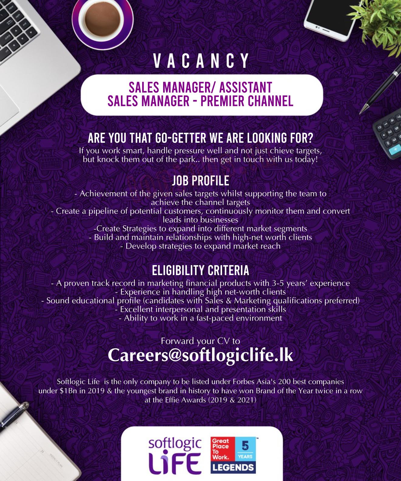 Sales Manager / Assistant Sales Manager (Premier Channel) - Softlogic Life Insurance Jobs Vacancies