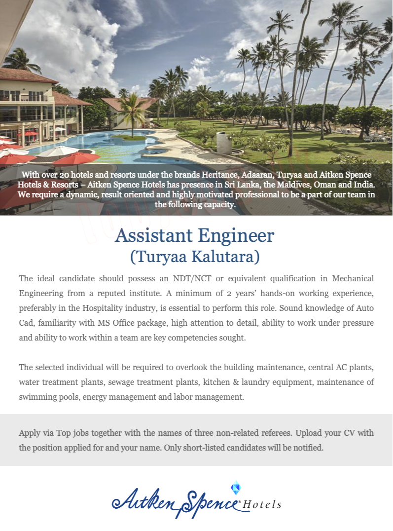 Assistant Engineer (Turyaa Kalutara) Vacancy - Aitken Spence Hotel Holdings PLC Jobs Vacancies