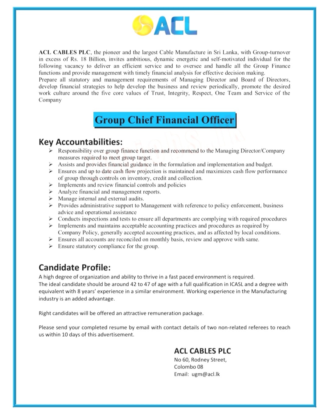 Group Chief Financial Officer Jobs Vacancies - ACL Cables PLC Jobs Vacancies