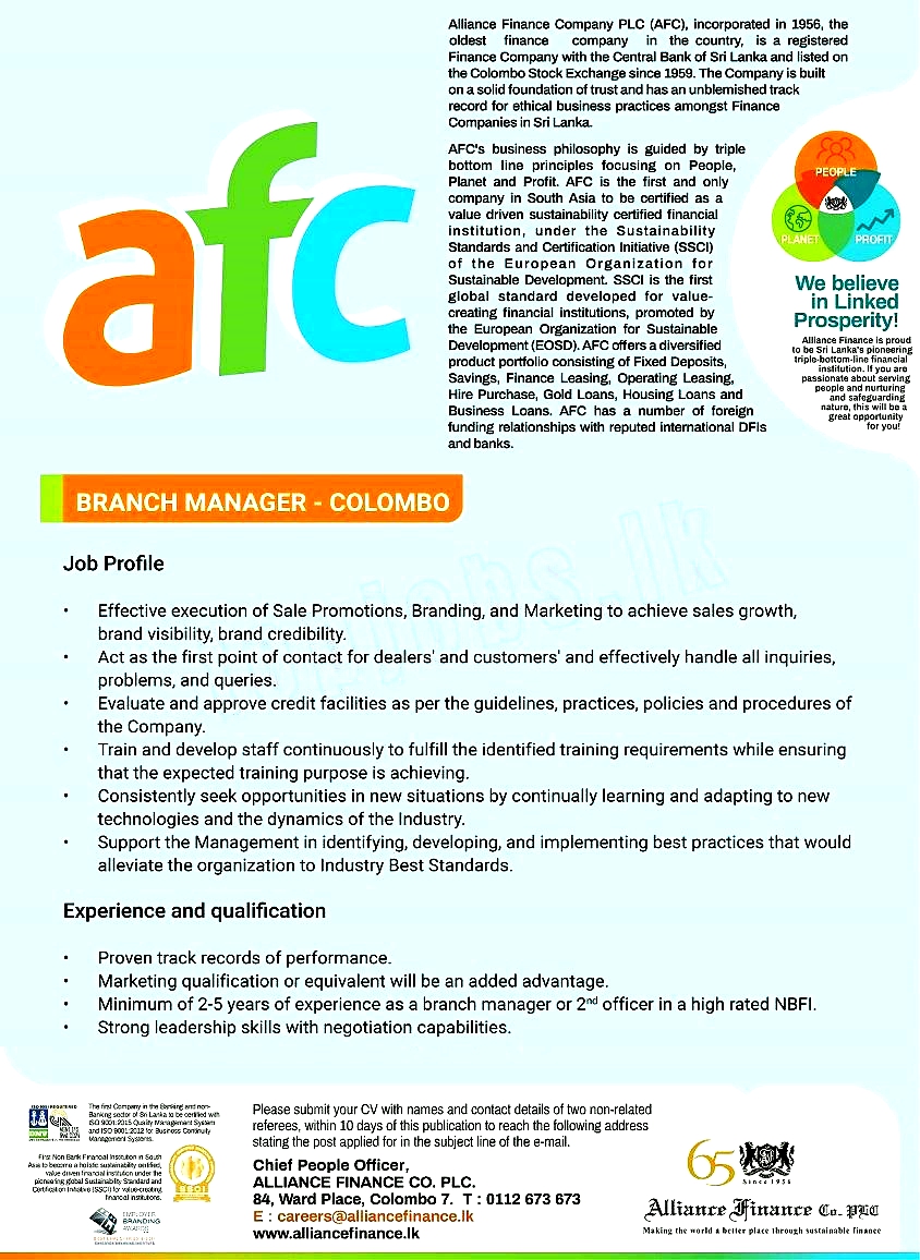 Branch Manager (Colombo) Job Vacancy - Alliance Finance Jobs Vacancies Details