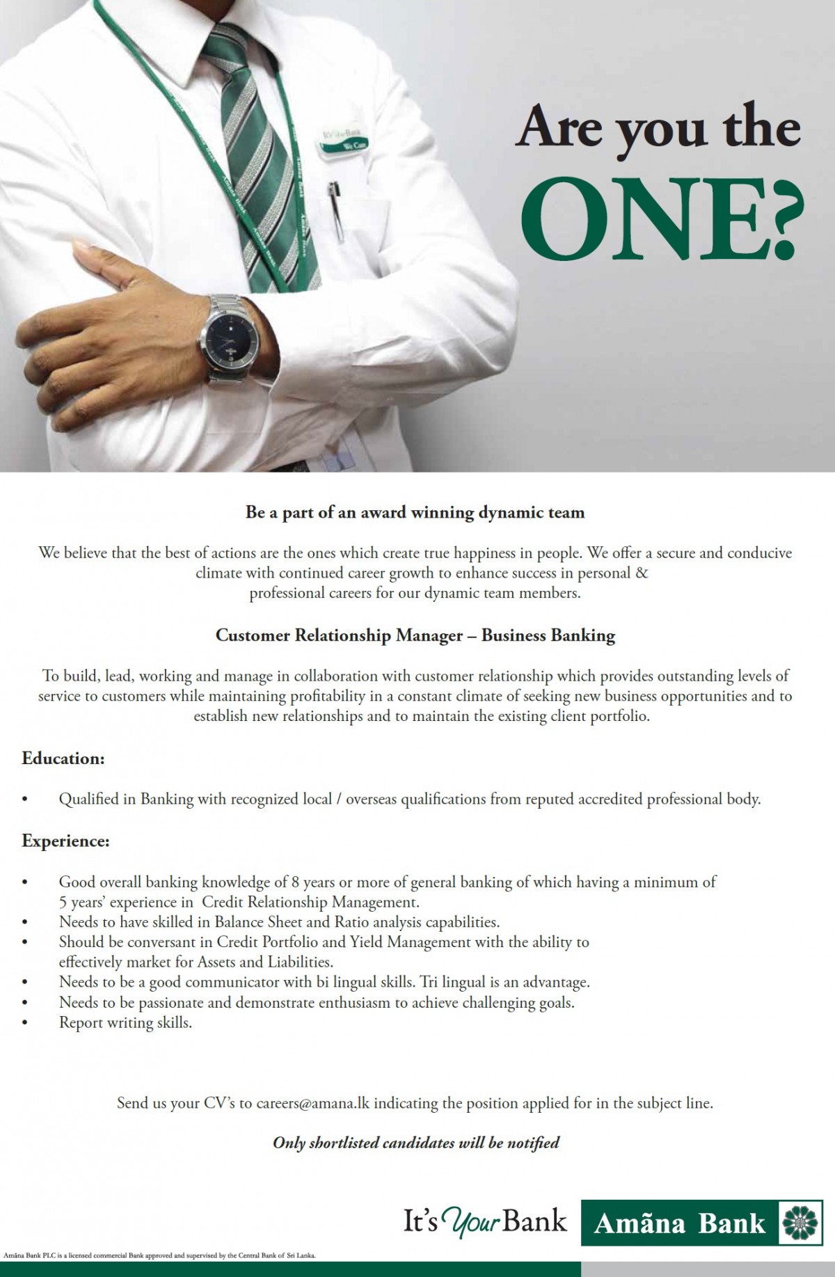 Customer Relationship Manager Job Vacancy - Amana Bank Jobs Vacancies