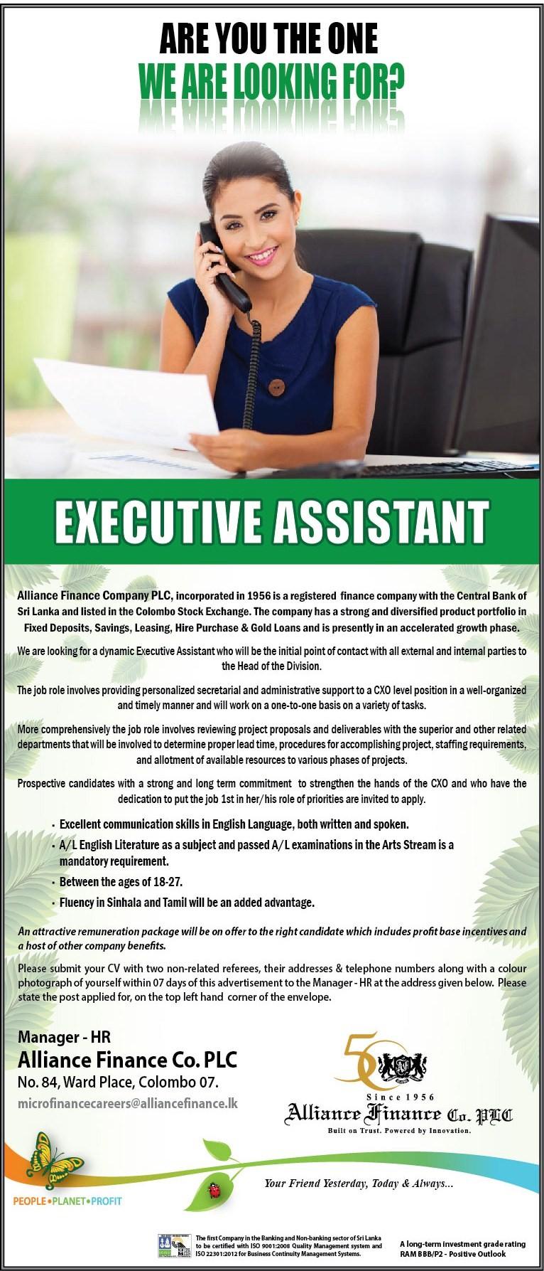 Executive Assistant Jobs Vacancies - Alliance Finance Jobs Vacancy Details