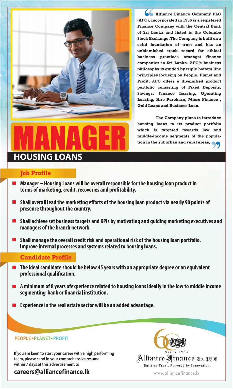 Manager (Housing Loans) Jobs Vacancies - Alliance Finance Jobs Vacancy Details