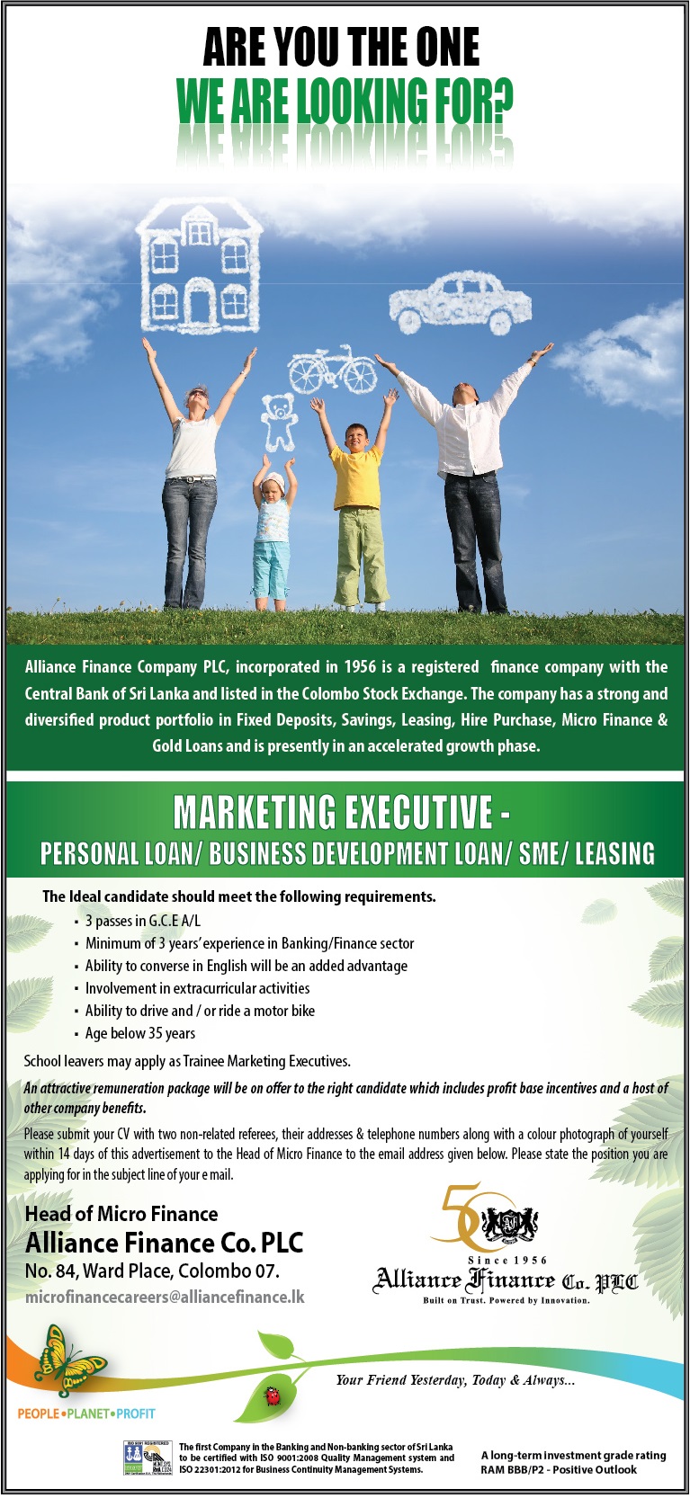 Marketing Executive Jobs Vacancies - Alliance Finance Jobs Vacancies Details