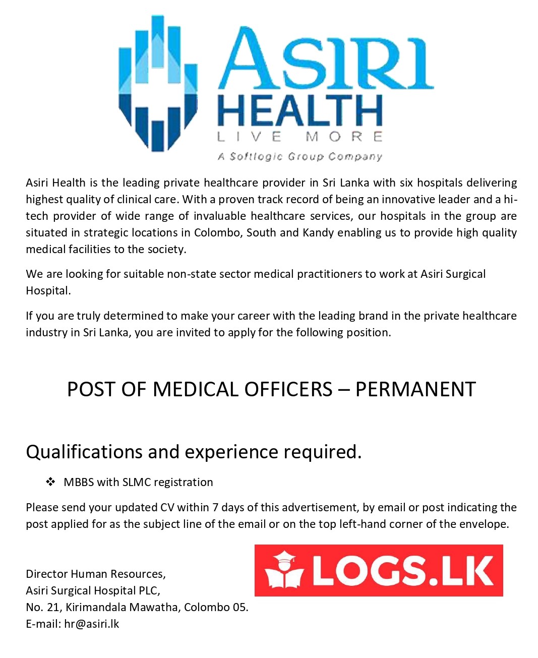 Medical Officer (Permanent) Job Vacancy - Asiri Hospital Jobs Vacancies Details