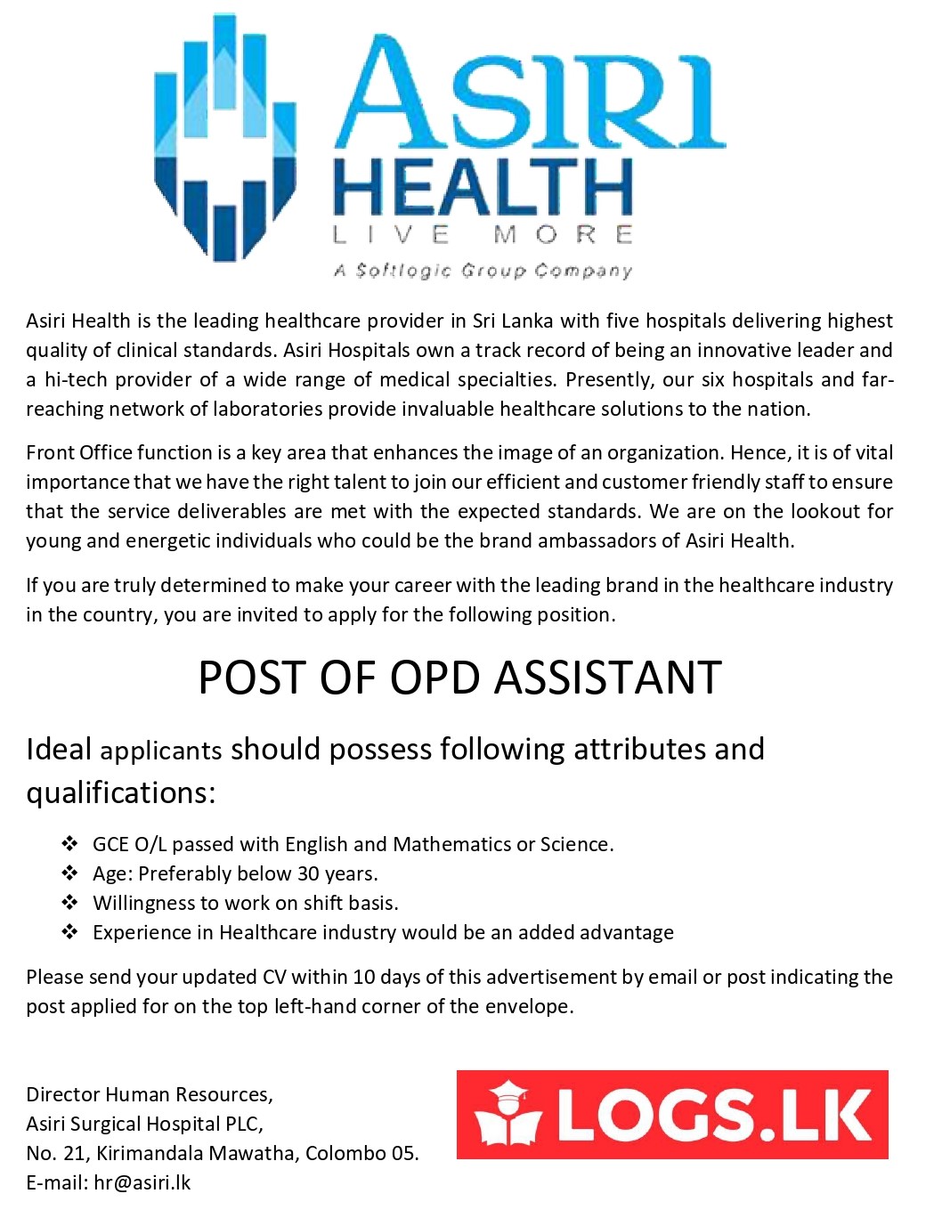 OPD Assistant Jobs Vacancies - Asiri Hospital Sri Lanka Jobs Vacancies Details