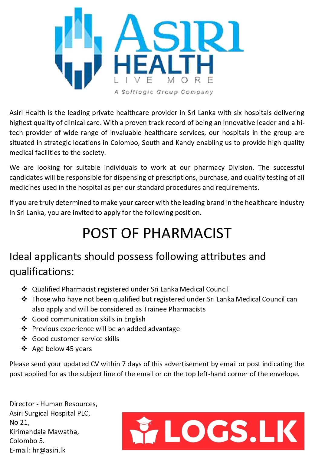 Pharmacist Jobs Vacancies - Asiri Hospital Jobs Vacancies in Sri Lanka