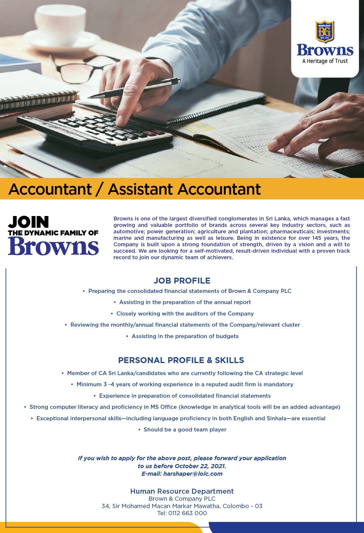 Accountant / Assistant Accountant Jobs Vacancies – Brown and Company Job Vacancy Details