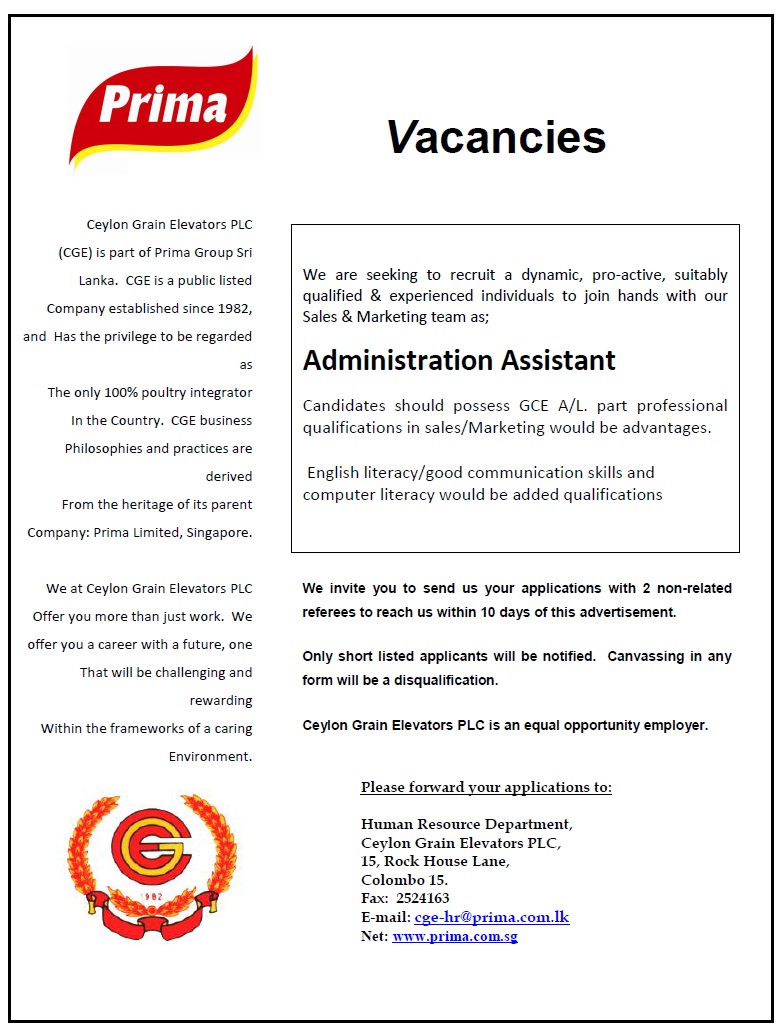Administration Assistant Job Vacancy - Ceylon Grain Elevators (Prima) Jobs Vacancies Details