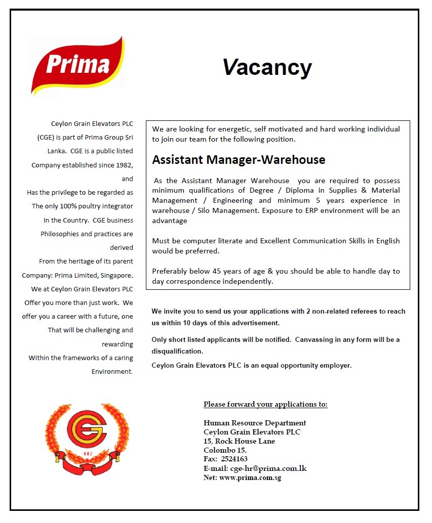 Assistant Manager (Warehouse) Job Vacancy - Ceylon Grain Elevators Jobs Vacancies Details