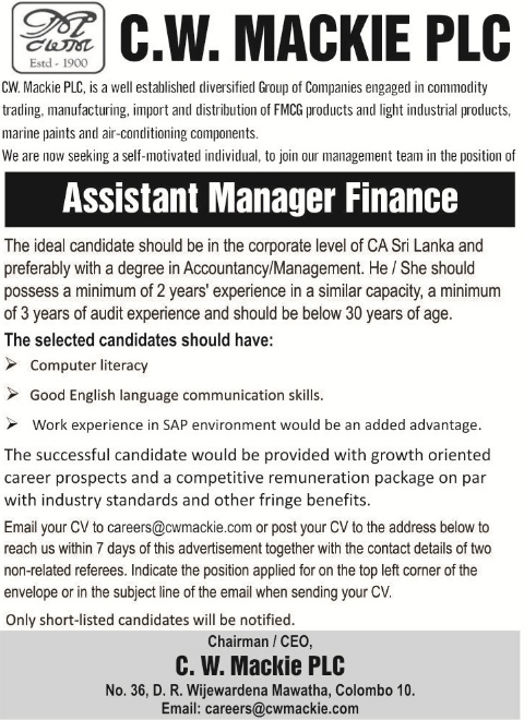 Assistant Manager Finance Job Vacancy - C W Mackie PLC Jobs Vacancies Details
