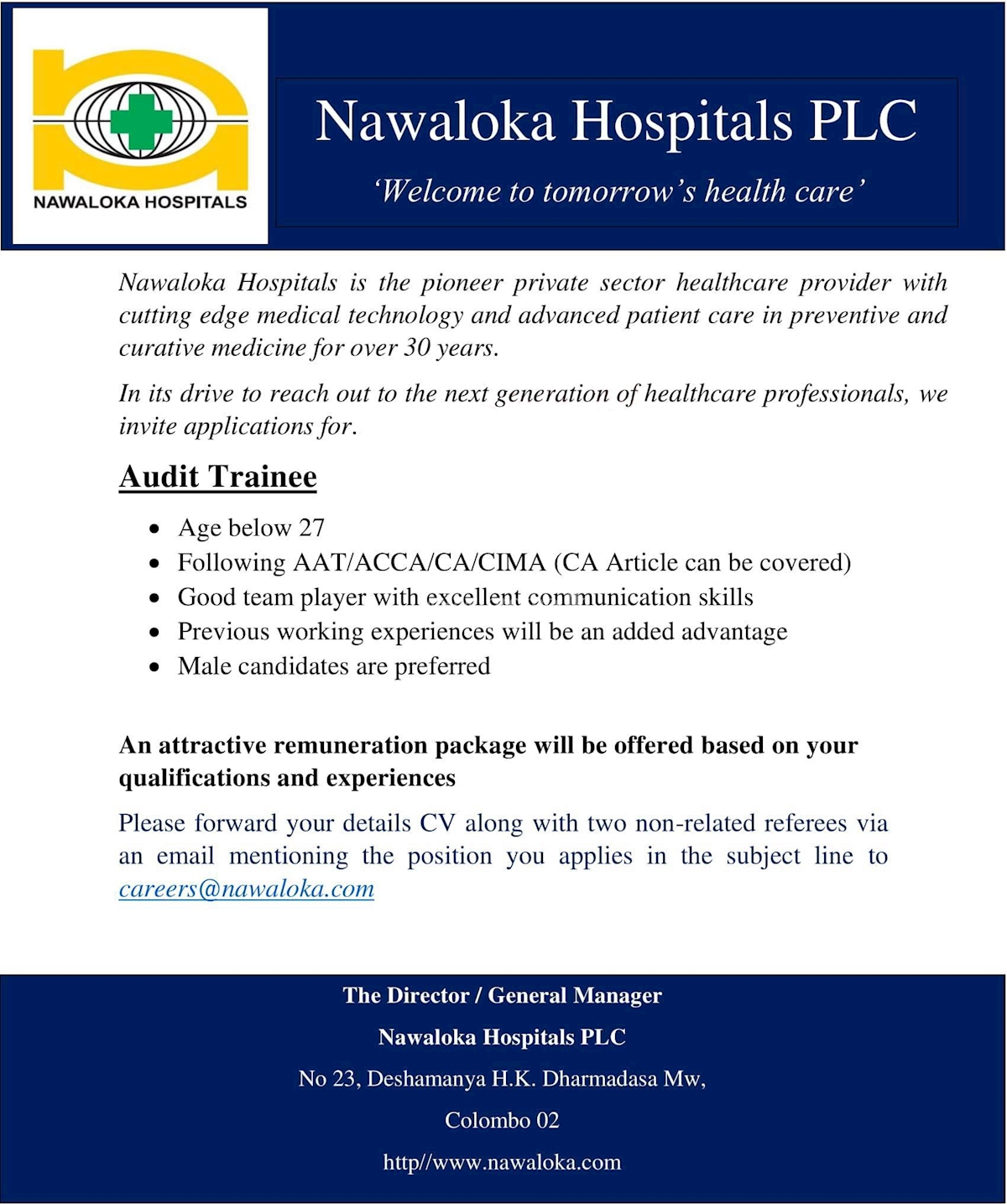 Audit Trainee Jobs Vacancies - Nawaloka Hospitals PLC Job Vacancy Details