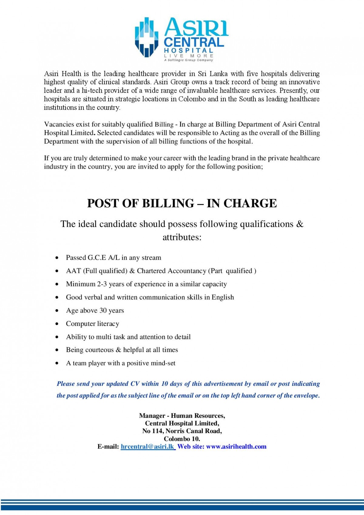Billing in Charge Jobs Vacancies - Asiri Hospital Sri Lanka Job Vacancy Details
