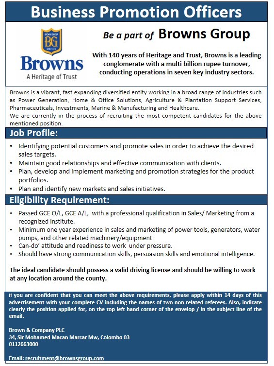 Business Promotion Officer Jobs Vacancies - Brown and Company PLC Jobs Vacancies