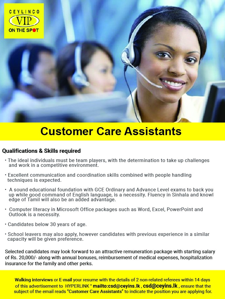 Customer Care Assistants Jobs Vacancies - Ceylinco General Insurance Jobs vacancy