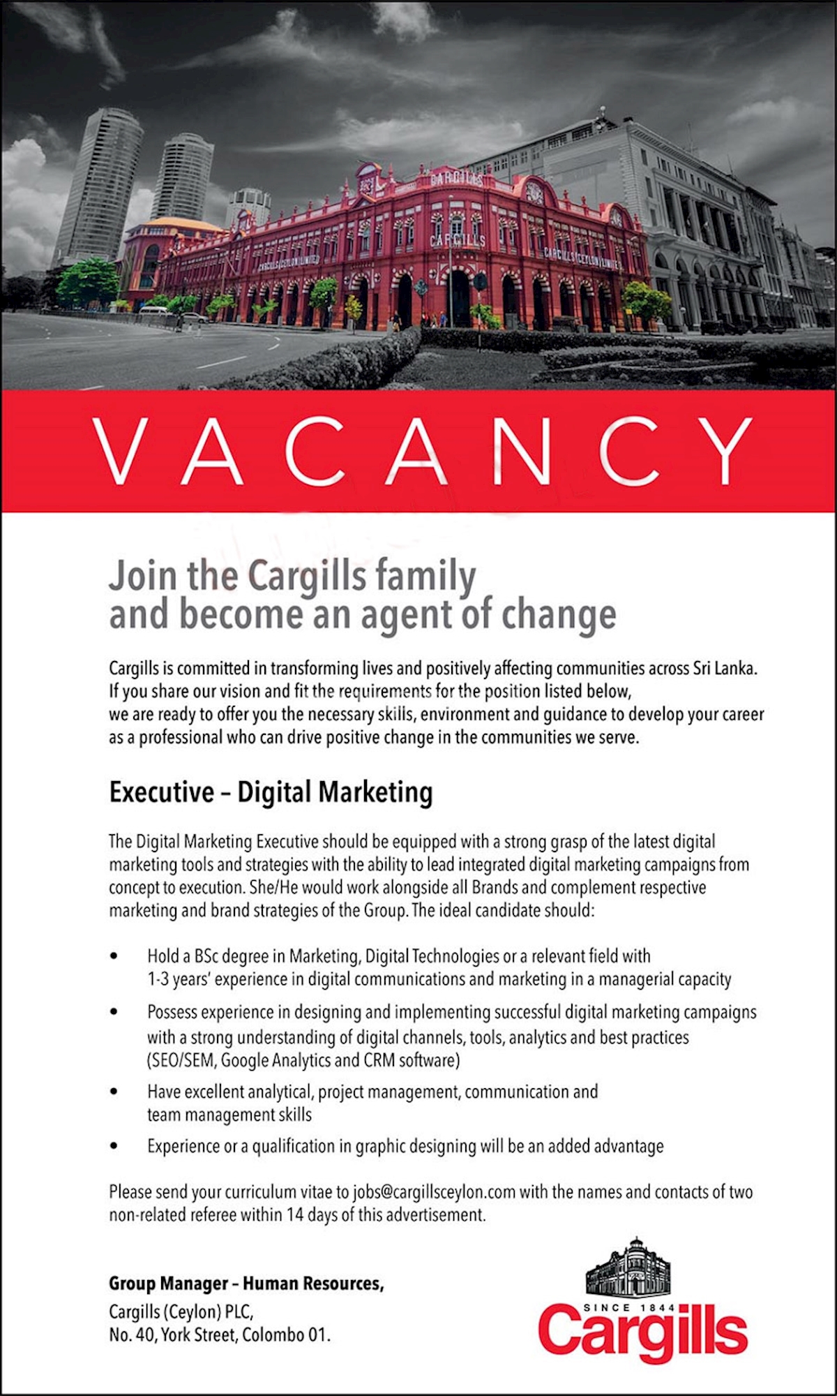 Executive - Digital Marketing Job Vacancy - Cargills (Ceylon) PLC Jobs Vacancies