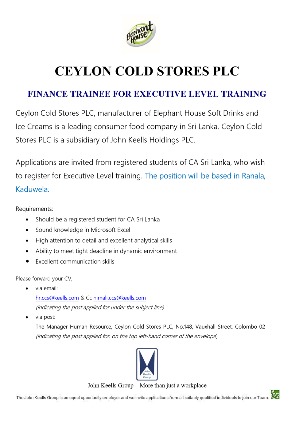 Finance Trainee Jobs Vacancies - Ceylon Cold Stores (Elephant House) Jobs Vacancies