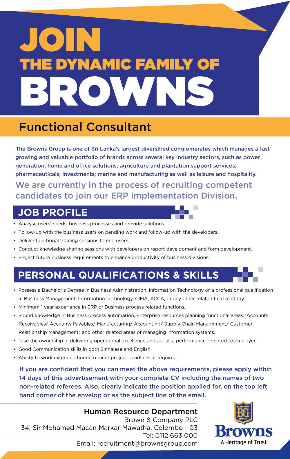 Functional Consultant Jobs Vacancies – Brown and Company PLC Job Vacancy Details