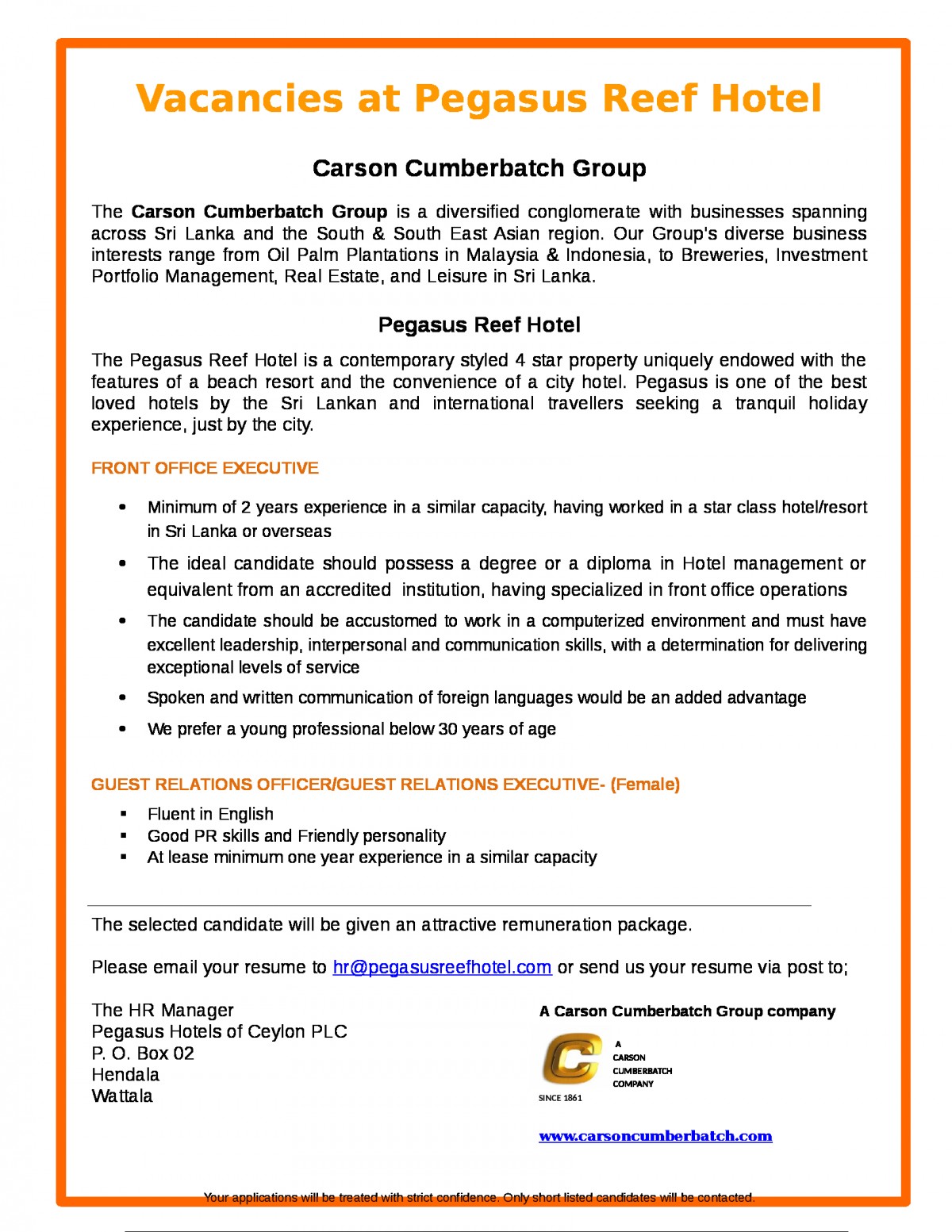 Guest Relations Officer / Guest Relations Executive (Female) - Carson Cumberbatch PLC Jobs Vacancies