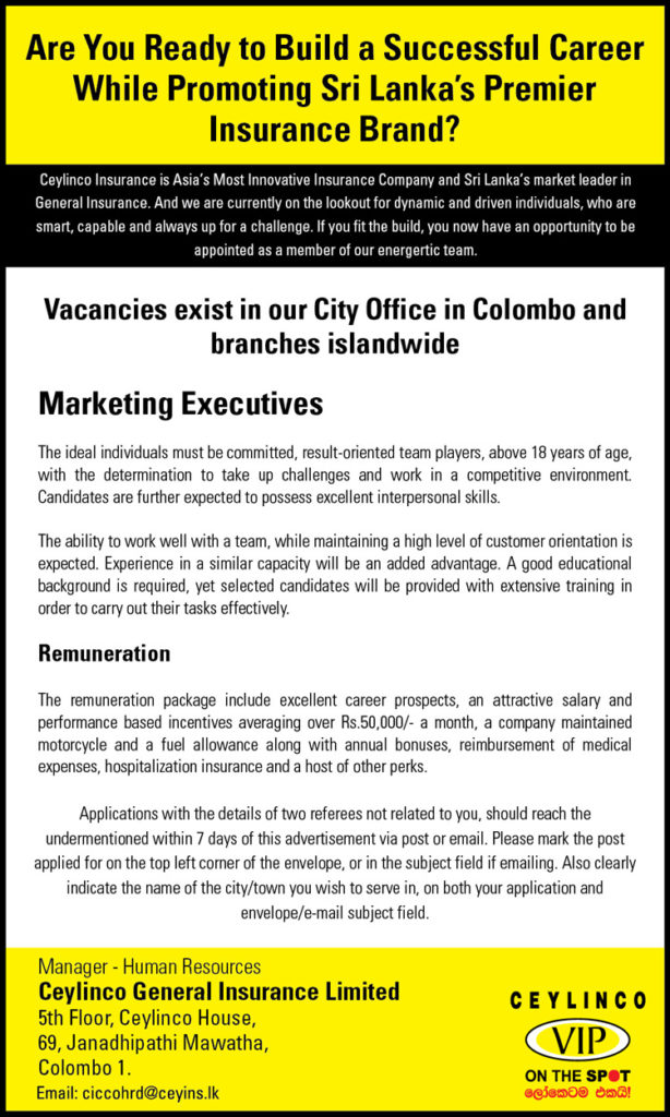 Marketing Executives Jobs Vacancies - Ceylinco General Insurance Jobs Vacancies