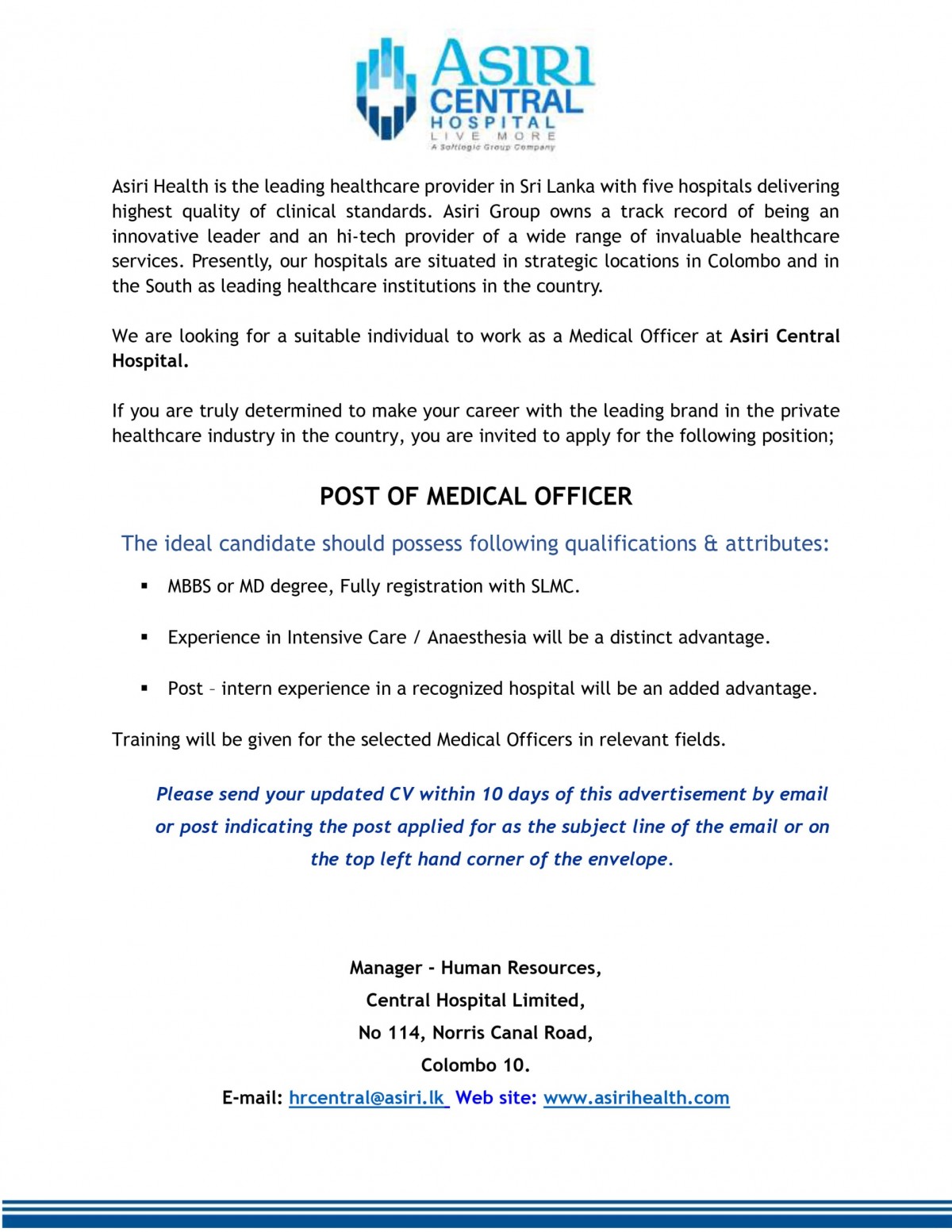Medical Officer Jobs Vacancies - Asiri Hospital Jobs Vacancy Details