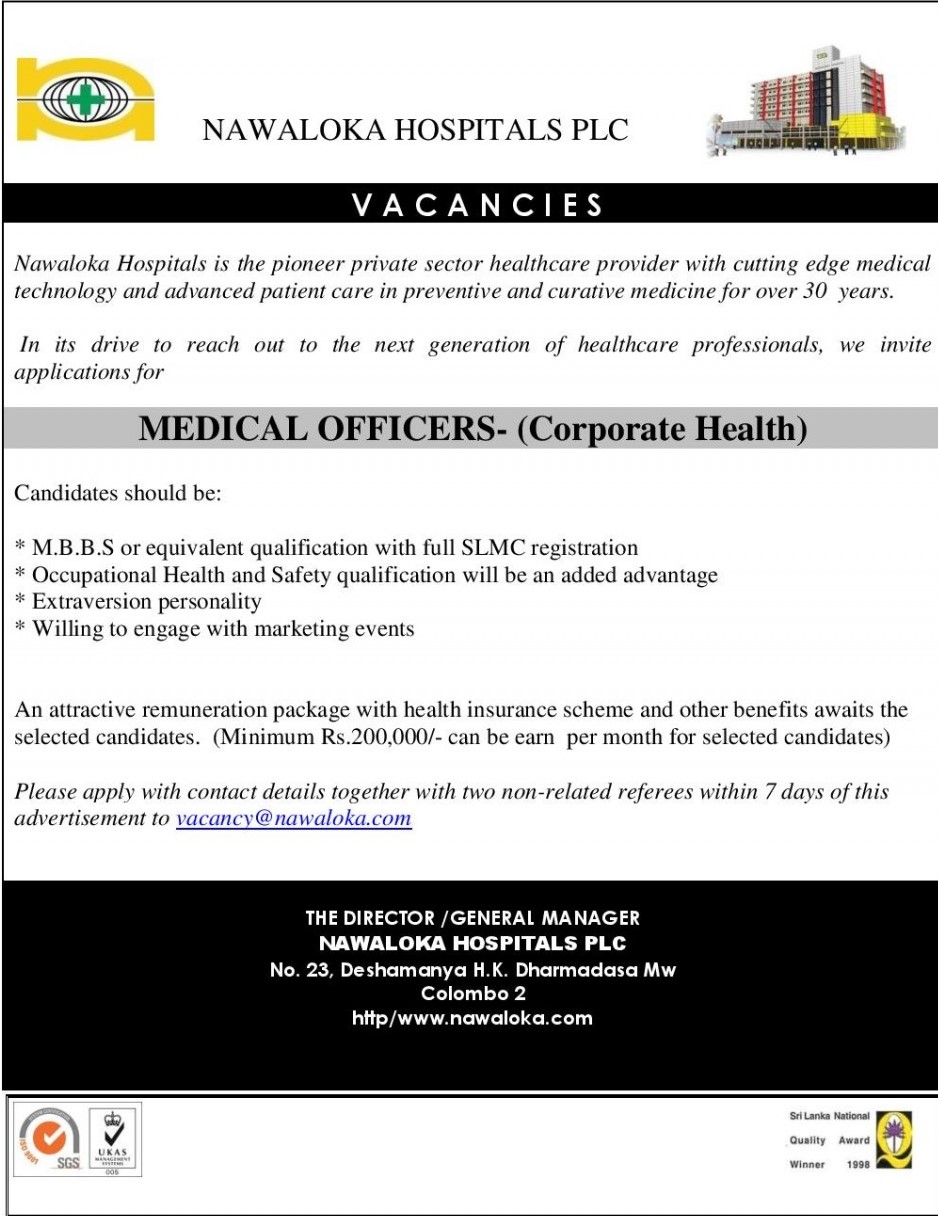 Medical Officers (Corporate Health) Jobs Vacancies - Nawaloka Hospitals Job Details