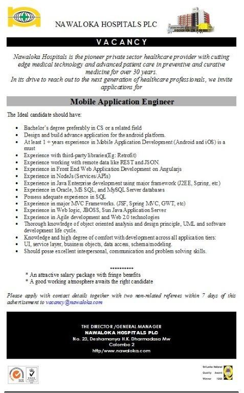 Mobile Application Engineer Jobs Vacancies - Nawaloka Hospitals Job Vacancy Details